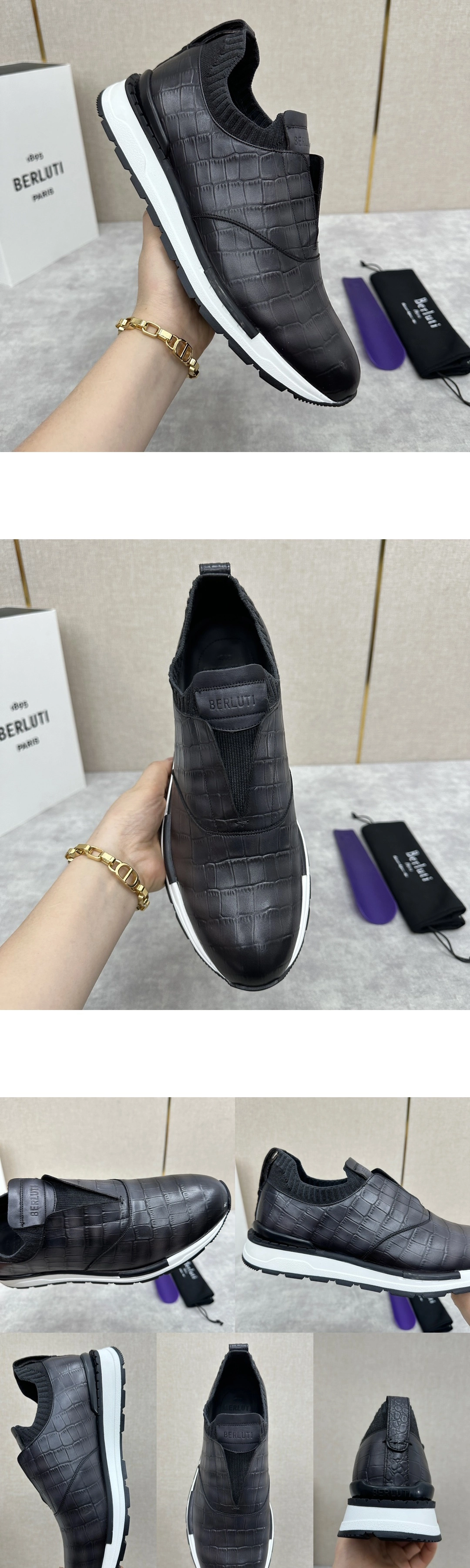 [BERLUTI] 벨루티 엘리게이터 레더 앤 니트 슬립온 패스트 트랙 스니커즈 S6255-N11 남성용