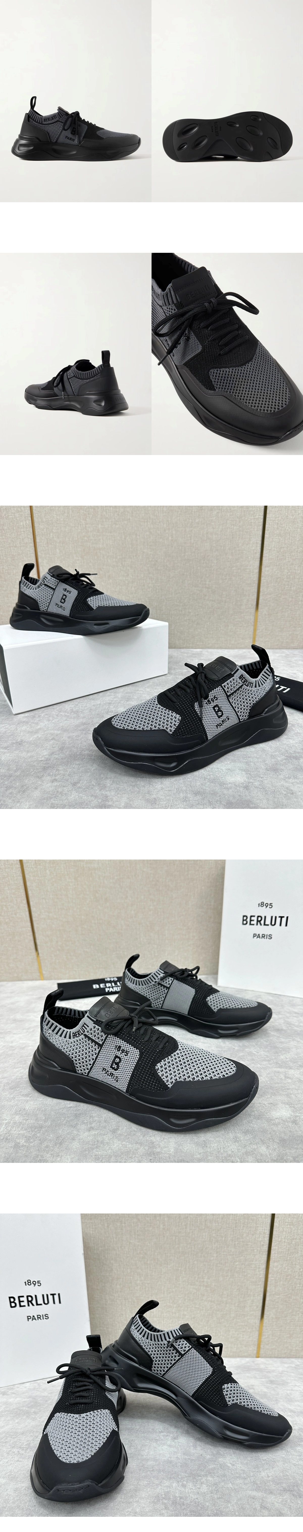 [BERLUTI] 벨루티 섀도우 고무 트리밍 코팅 스트레치 니트 스니커즈 그레이블랙 S6380002-K12 남성용