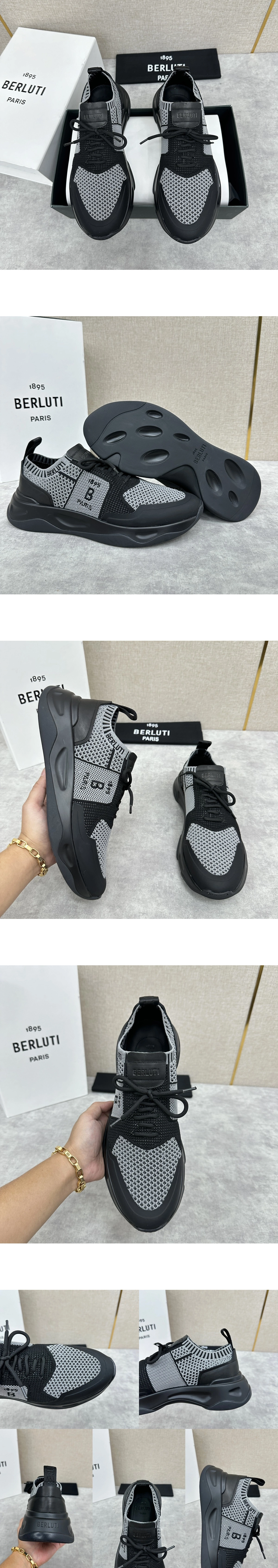 [BERLUTI] 벨루티 섀도우 고무 트리밍 코팅 스트레치 니트 스니커즈 그레이블랙 S6380002-K12 남성용용