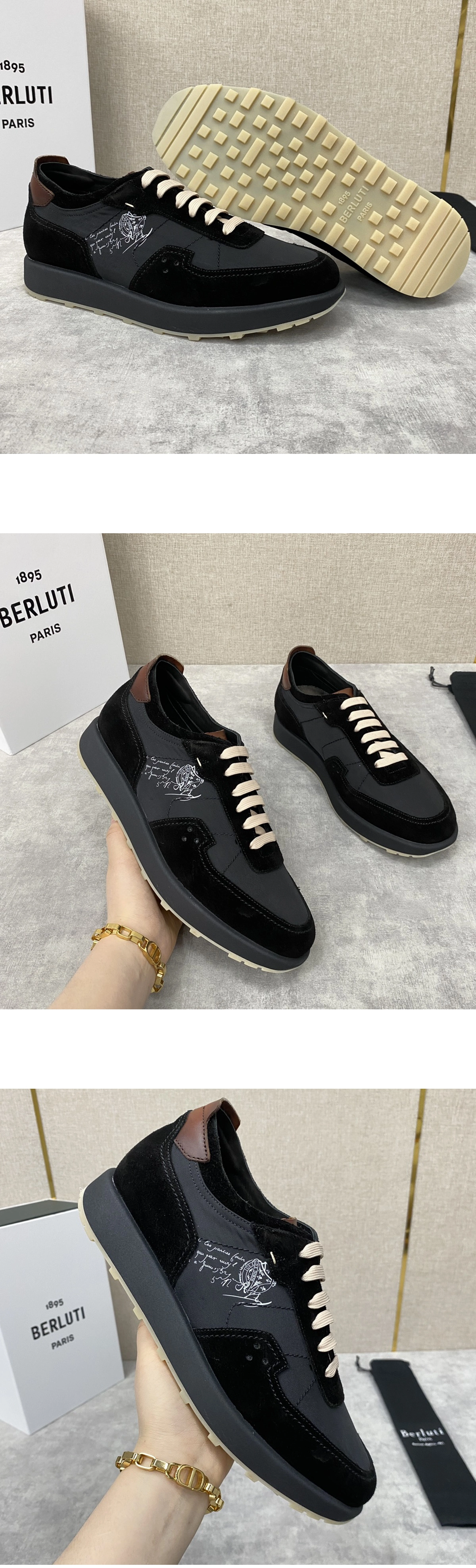 [BERLUTI] 벨루티 스웨이드 카프 레더 나일론 스니커즈 블랙 남성용