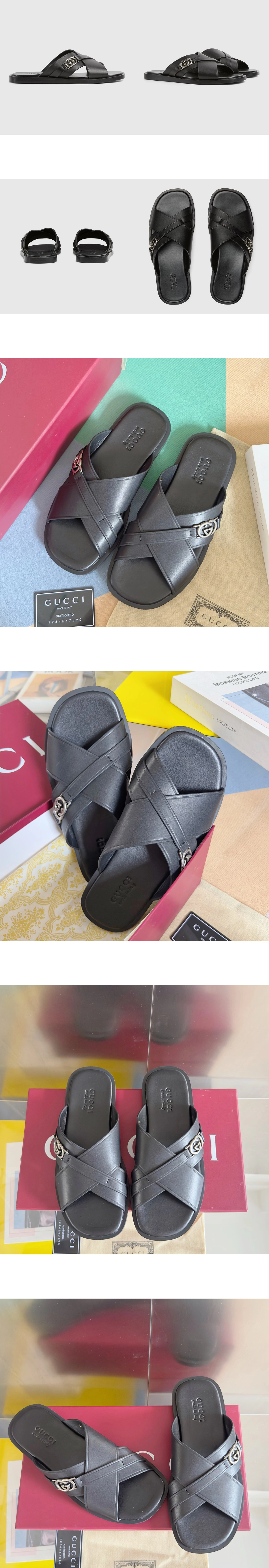 [GUCCI] 구찌 인터로킹 G 슬라이드 소가죽 샌들 블랙 831275 DTN00 1000 남성용