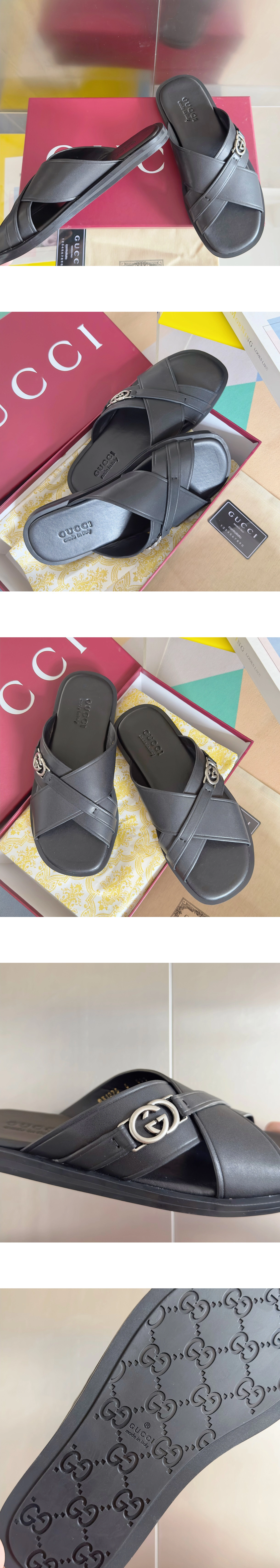 [GUCCI] 구찌 인터로킹 G 슬라이드 소가죽 샌들 블랙 831275 DTN00 1000 남성용
