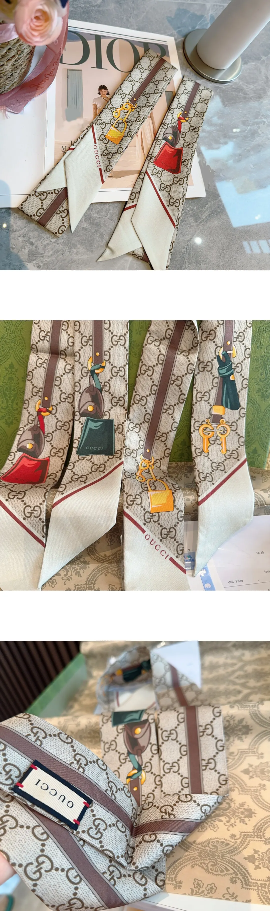 [GUCCI] 구찌 프린트 실크 트윌 리본 스카프 784959 3G001 2773 남녀공용