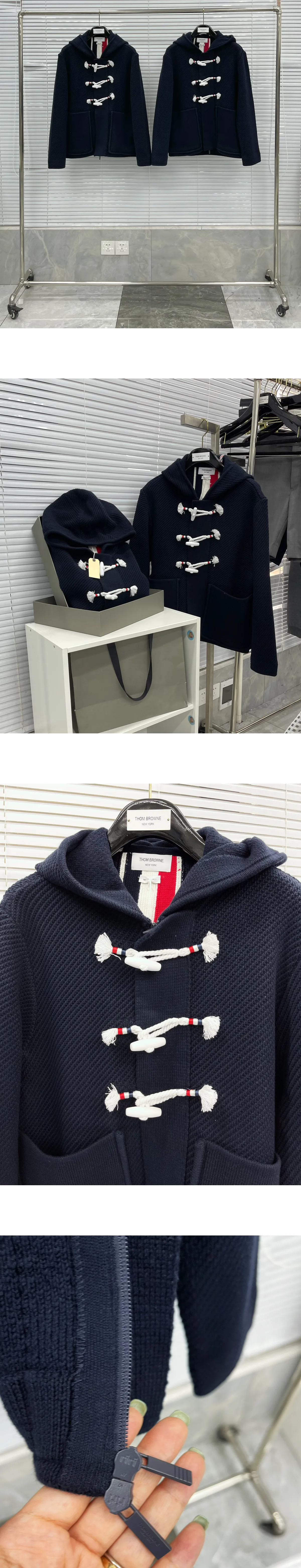 [THOM BROWNE] 남성 톰브라운 RWB 스트라이프 트윌 후드 더플 코트