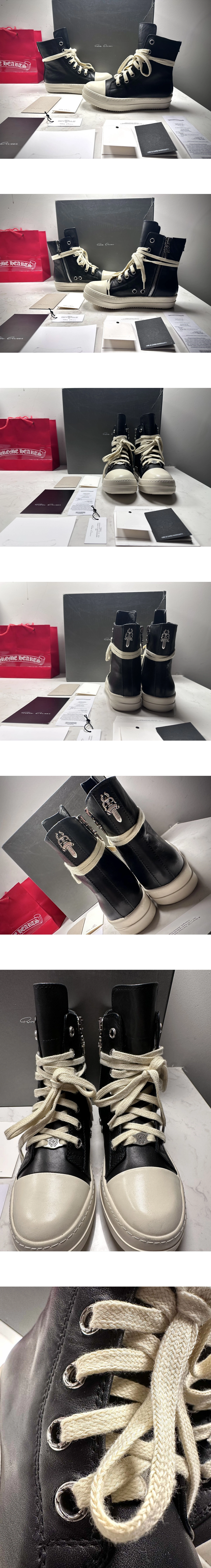 [RICK OWENS] 릭 오웬스 다크쉐도우 x 크롬하츠 대거 실버 메탈 레더 하이탑 스니커즈 블랙