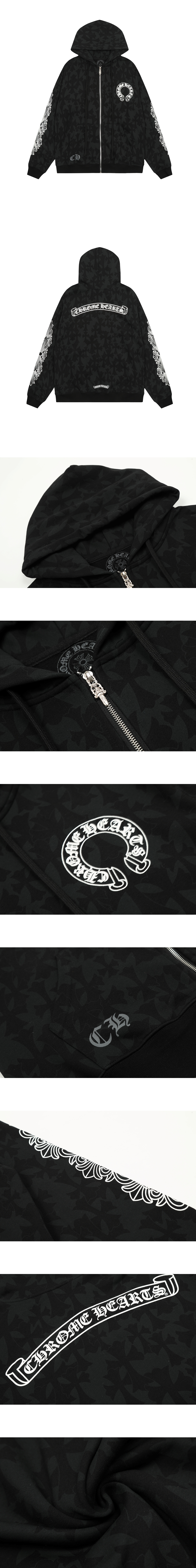 [Chrome Hearts] 남성 크롬하츠 홀스슈 플로랄 크로스 프린팅헤비웨이트 집업 후드 블랙