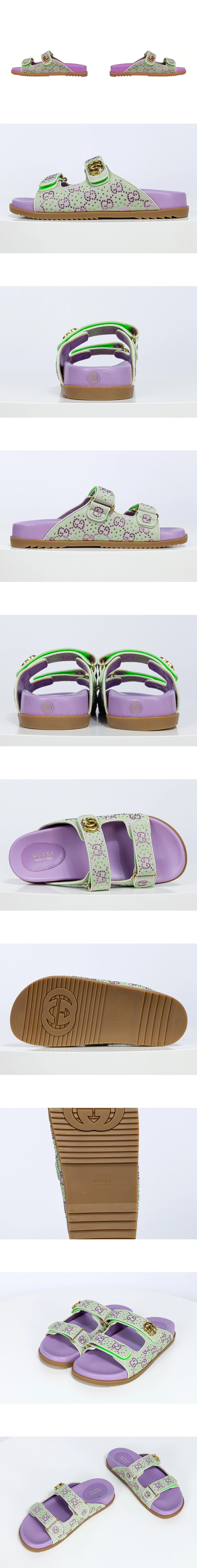 [GUCCI] 구찌 더블 G 퍼플 그린 GG 크리스탈 캔버스 샌들 780066 2UZO0 8653