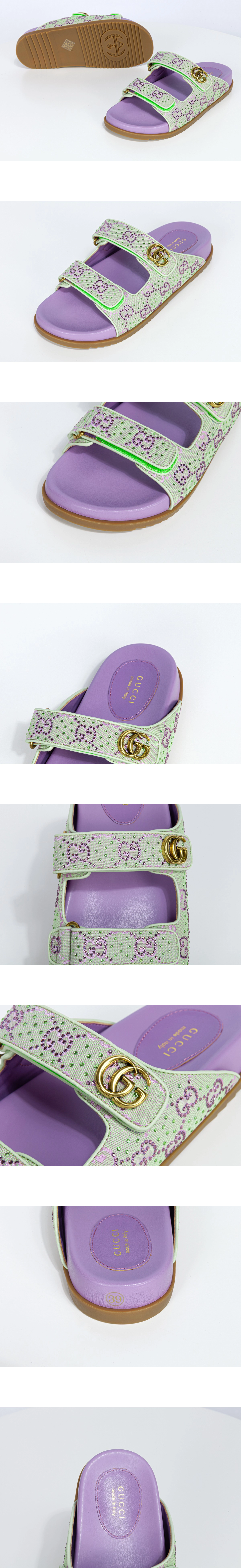 [GUCCI] 구찌 더블 G 퍼플 그린 GG 크리스탈 캔버스 샌들 780066 2UZO0 8653