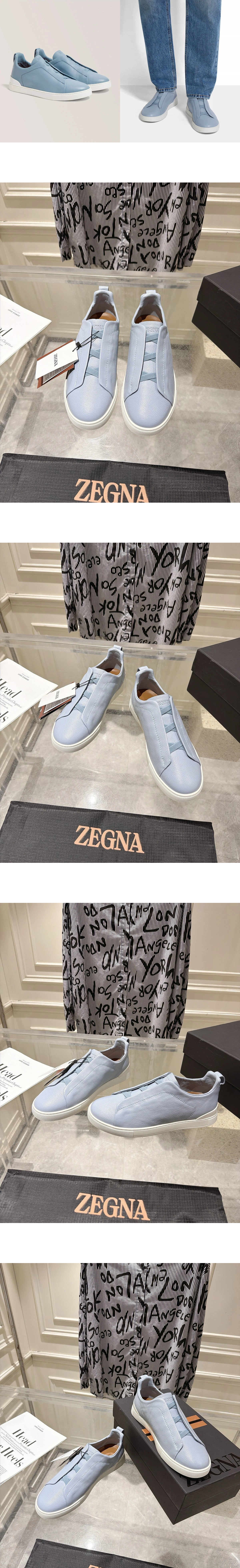 [ZEGNA] 제냐 트리플 스티치 소가죽 로우탑 스니커즈 라이트 블루 LHOTA-S5207Z-SES