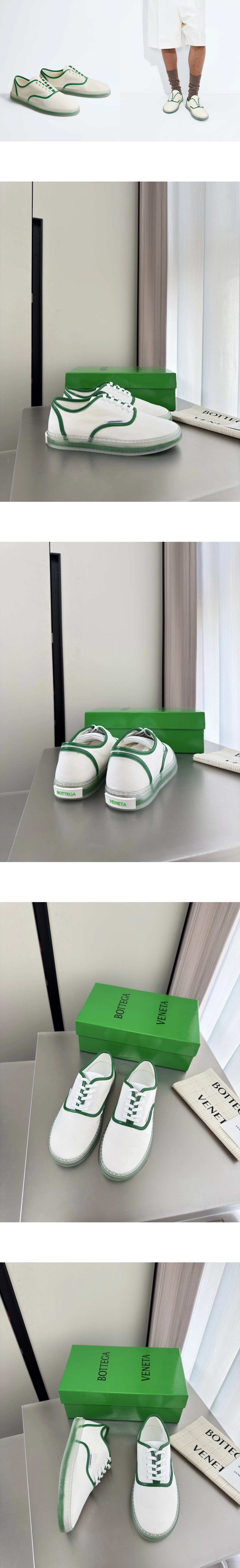 [BOTTEGA VENETA] 보테가베네타 세레나 가죽 트리밍 캔버스 스니커즈 화이트/그린 867850V5JG39179 남녀공용