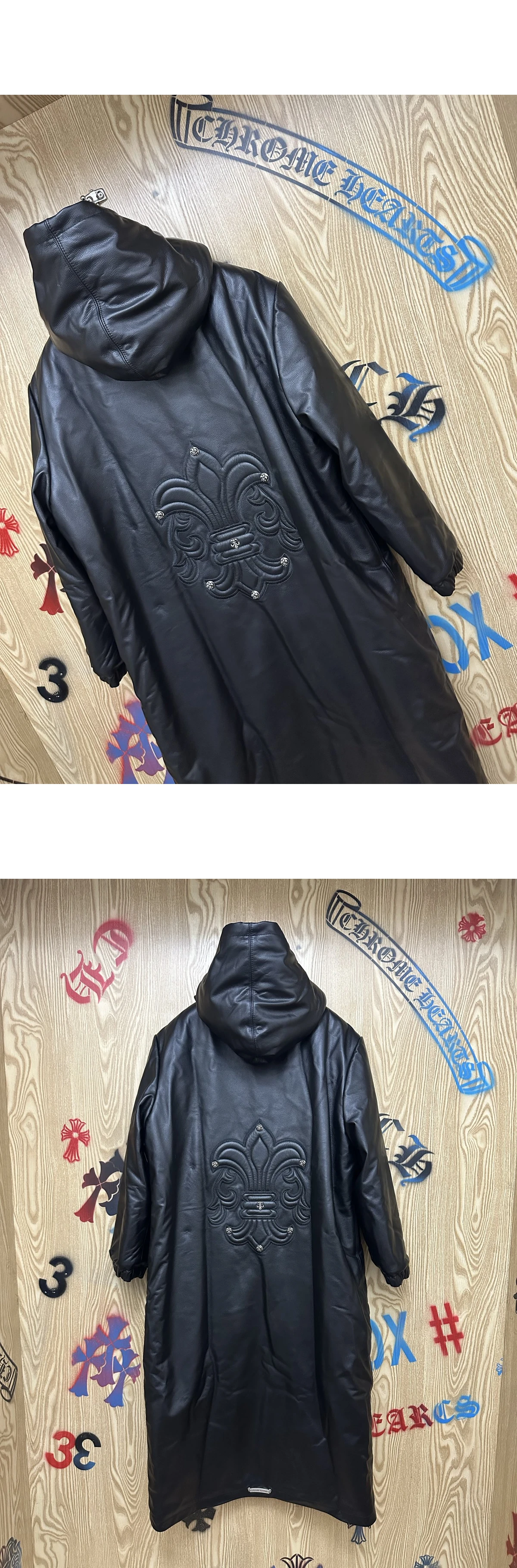 [Chrome Hearts] 크롬하츠 BS 플뢰르 레더 패치 풀집 후디드 롱 코트 블랙