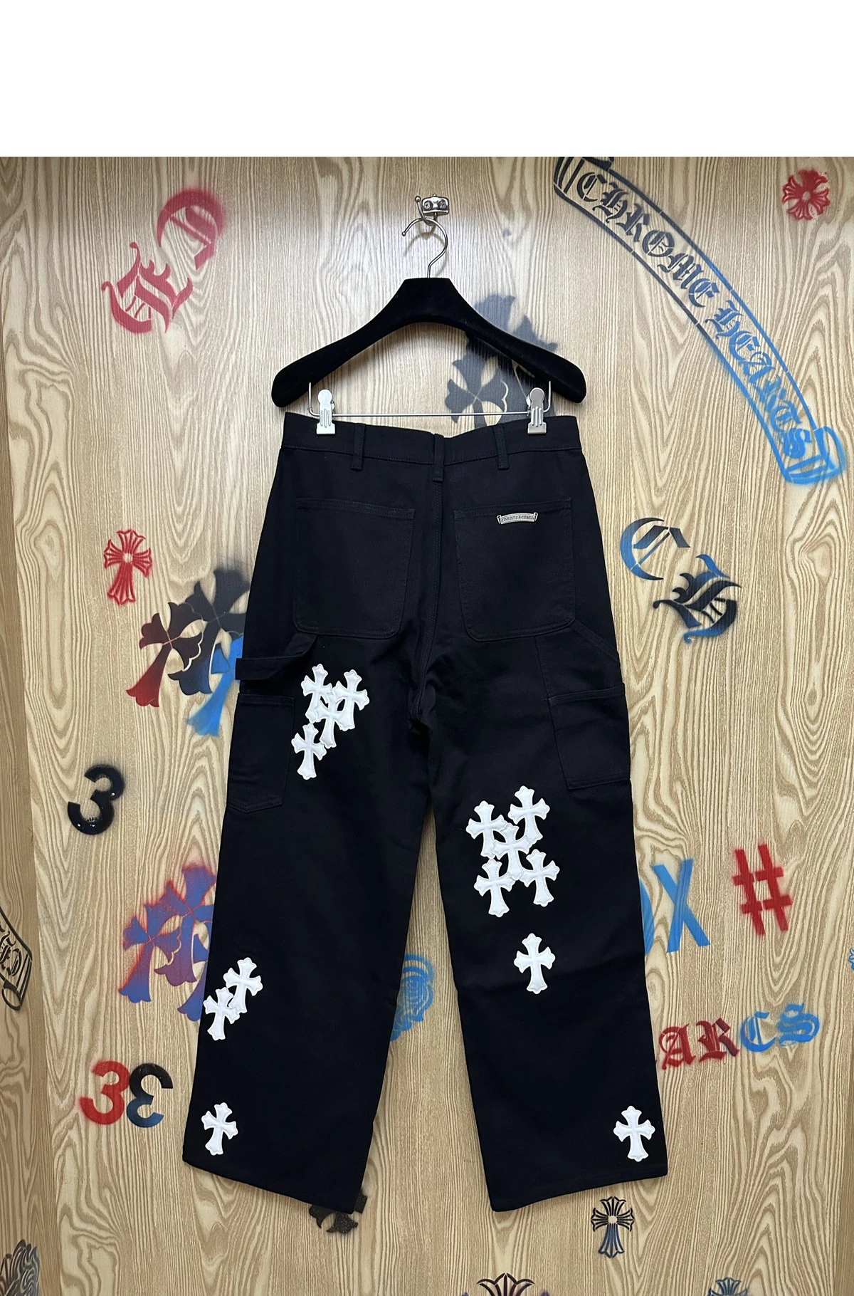 [Chrome Hearts] 크롬하츠 멀티 레더 크로스 패치 카펜터 덕 캔버스 팬츠 블랙