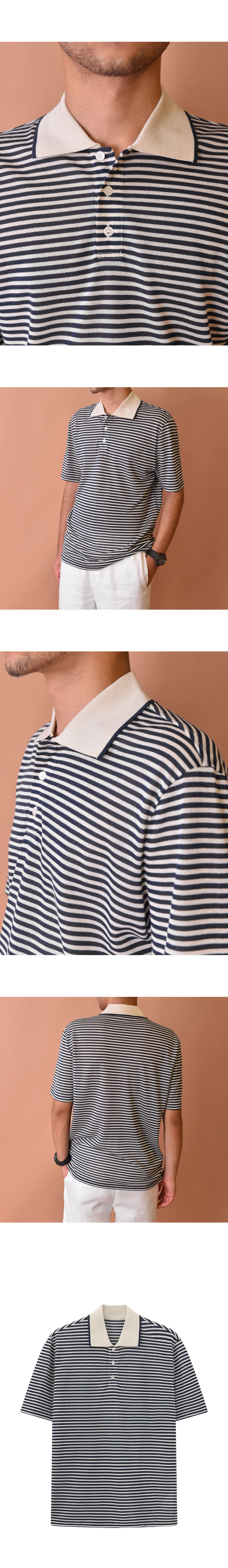 [Loro Piana] 로로피아나 크레미아 스트라이프 리넨 폴로 쇼트슬리브 셔츠 네이비 블루