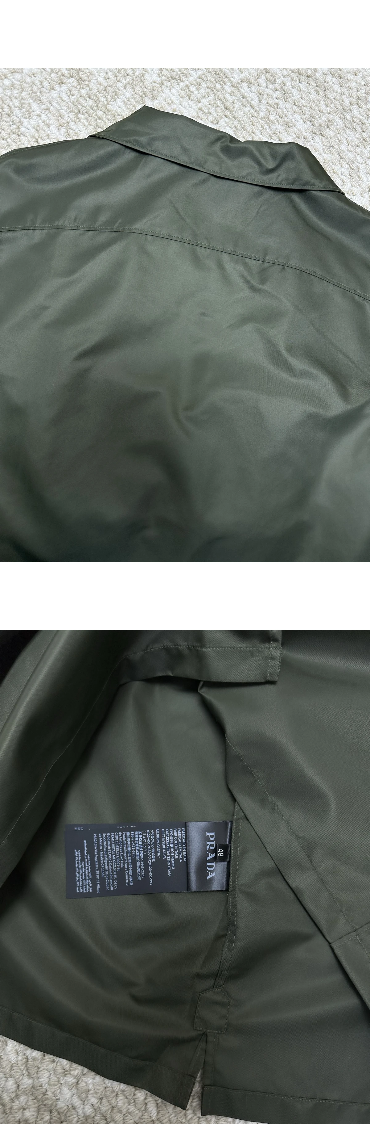 [PRADA] 프라다 트라이앵글 로고 멀티 포켓 리나일론 쇼트 슬리브 보울링 셔츠 카키 밀리터리 그린