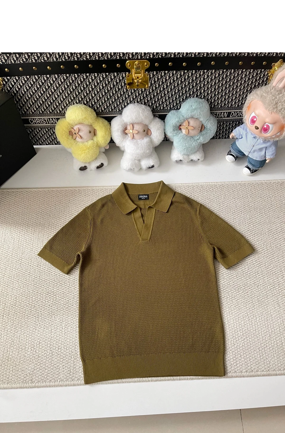[ZEGNA] 제냐 프리미엄 코튼 자카드 스키퍼 칼라 하프 슬리브 폴로 셔츠 올리브 그린