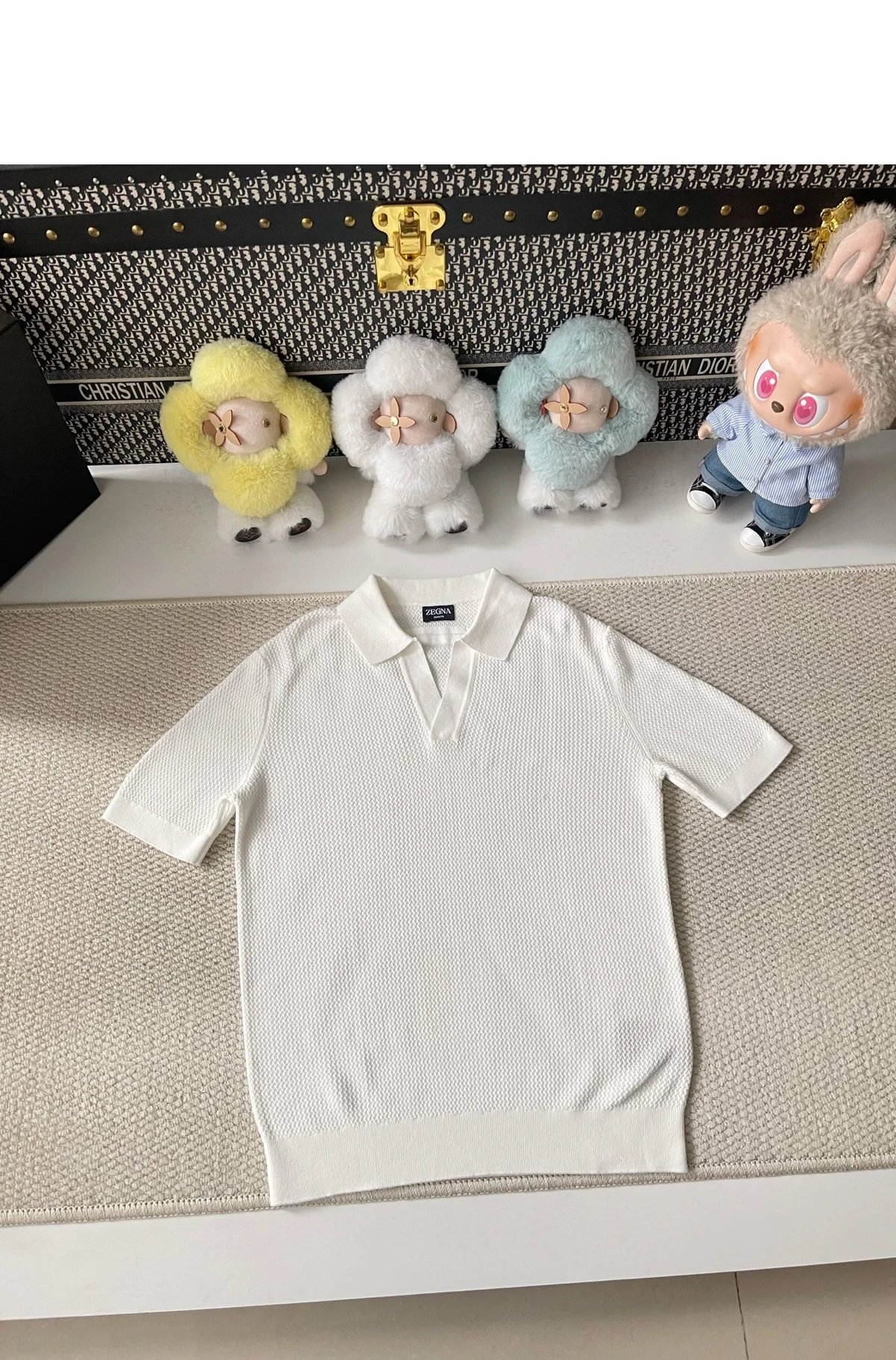 [ZEGNA] 제냐 프리미엄 코튼 자카드 스키퍼 칼라 하프 슬리브 폴로 셔츠 비앙코 오아시