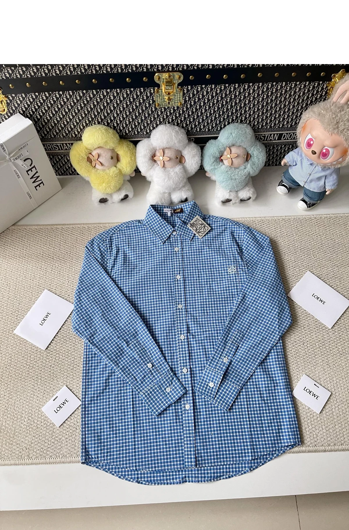 [LOEWE] 로에베 아나그램 자수 라이트웨이트 텍스처 체크 코튼 셔츠 블루 화이트