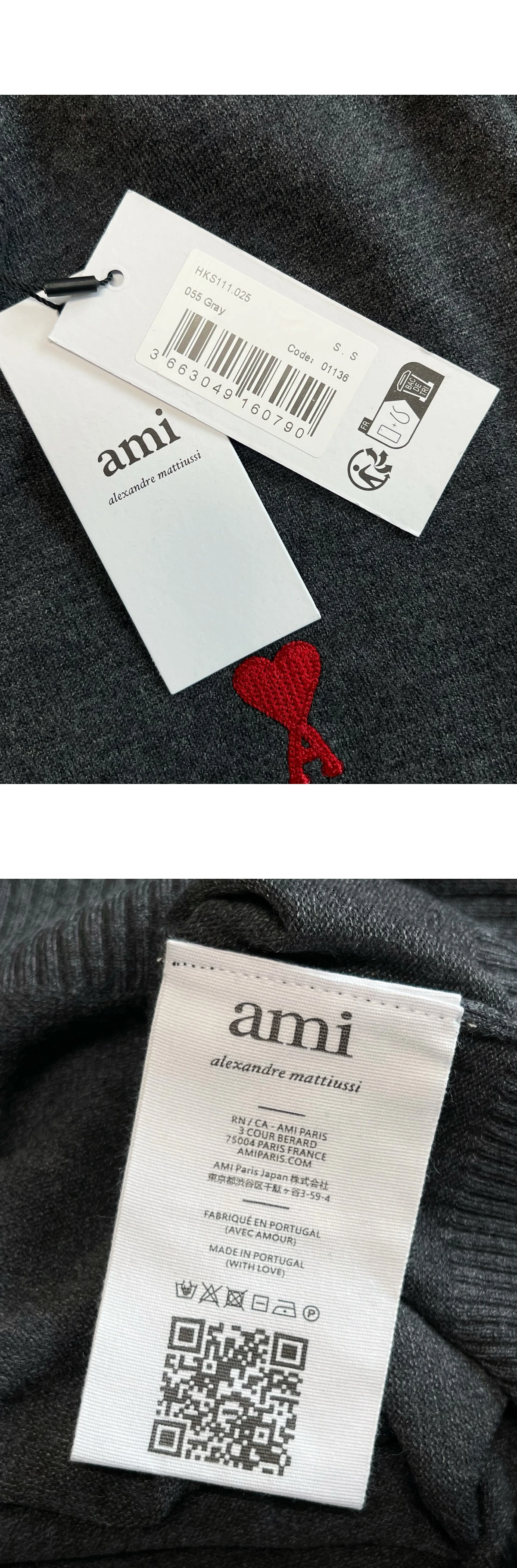 [AMI] 아미 스몰 아미 드 쾨르 자수 메리노 울 크루넥 니트 스웨터 헤더 그레이 레드
