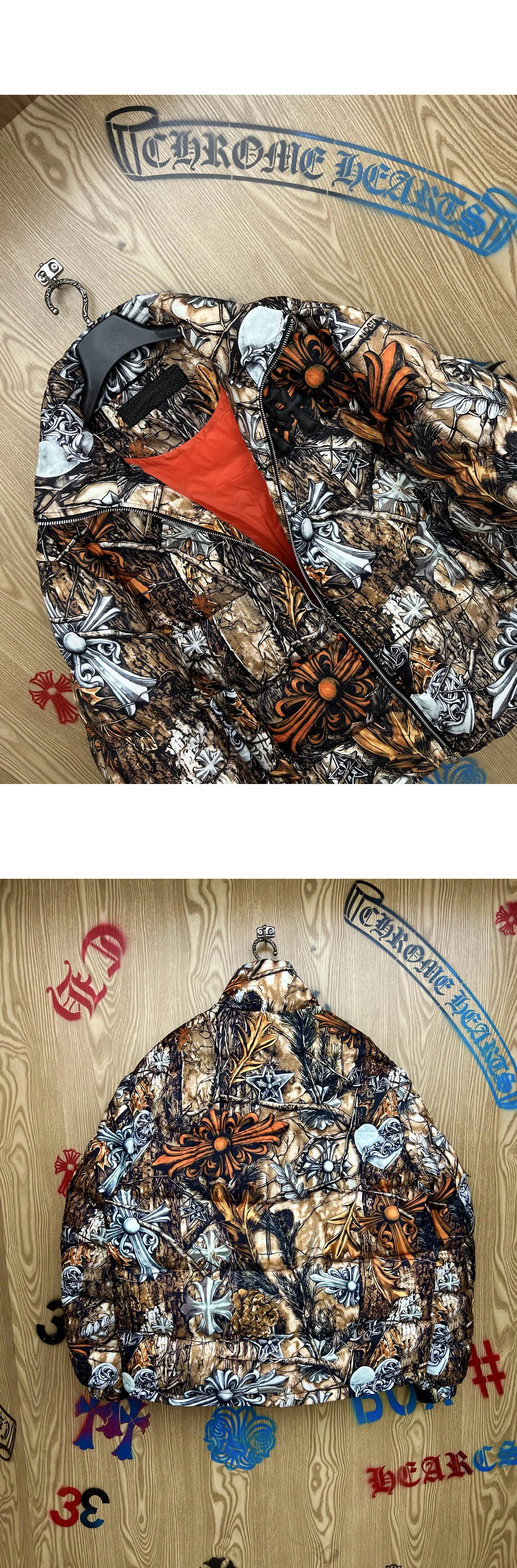 [Chrome Hearts] 크롬하츠 올오버 멀티 모티브 그래픽 프린트 퀼티드 실버 대거 지퍼 다운 패디드 푸퍼 자켓 멀티컬러
