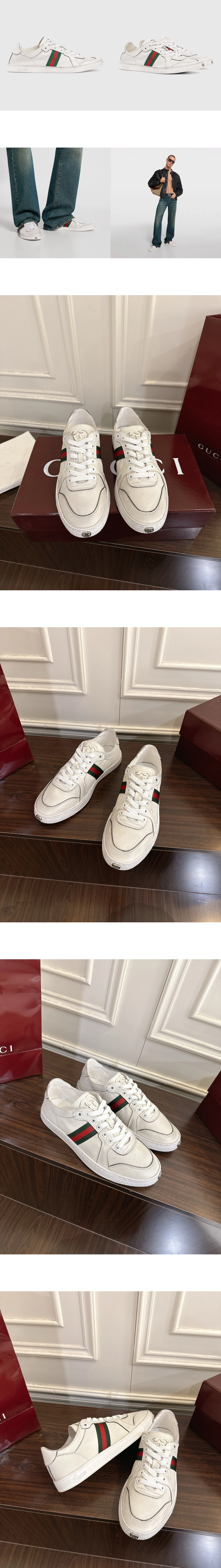[GUCCI] 구찌 스트레치 레더 로우탑 스니커즈 화이트864140AAGFF9099 남녀공용