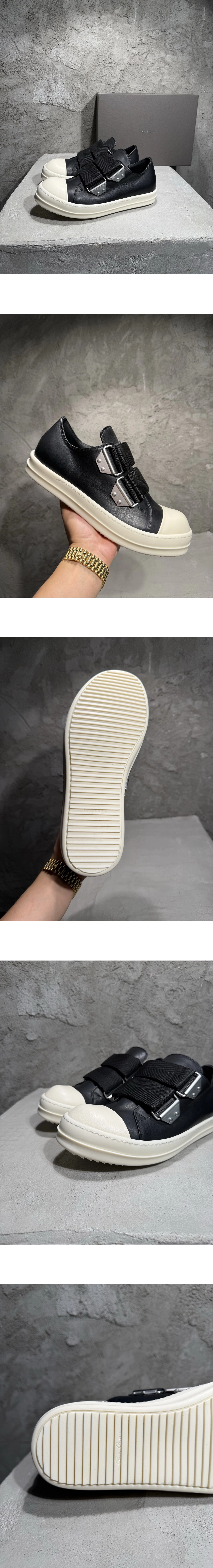 [RICK OWENS] 릭오웬스 Temple 템플 스트랩 로우 카프스킨 스니커즈 블랙/밀크 rp01f6897lco911