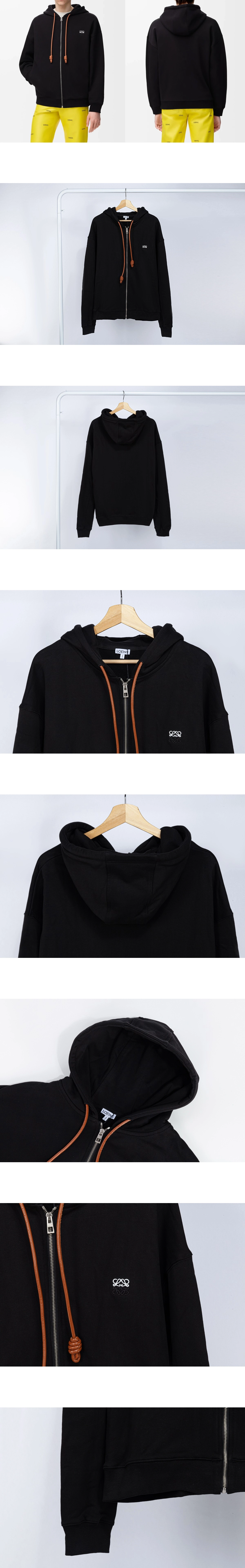 [LOEWE] 로에베 레더 드로우스트링 코튼 플리스 집업 후디 블랙