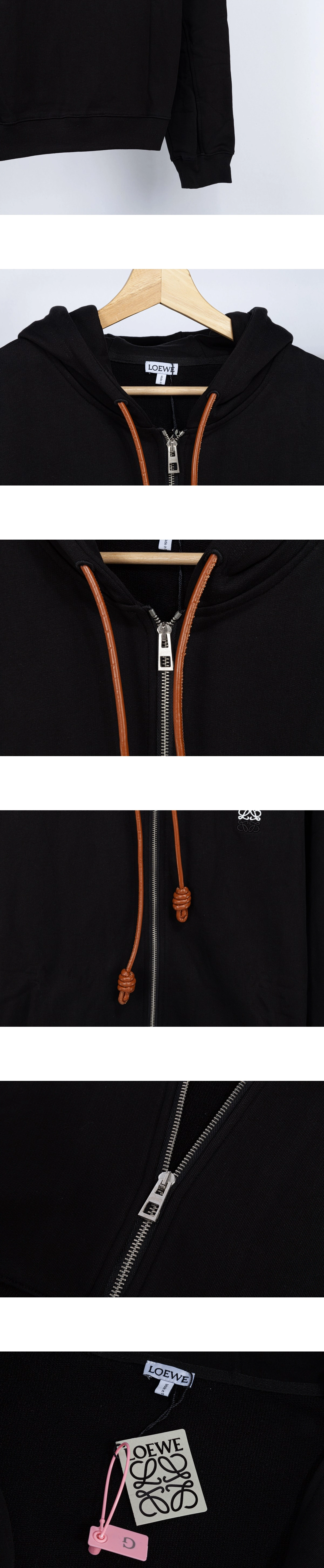 [LOEWE] 로에베 레더 드로우스트링 코튼 플리스 집업 후디 블랙