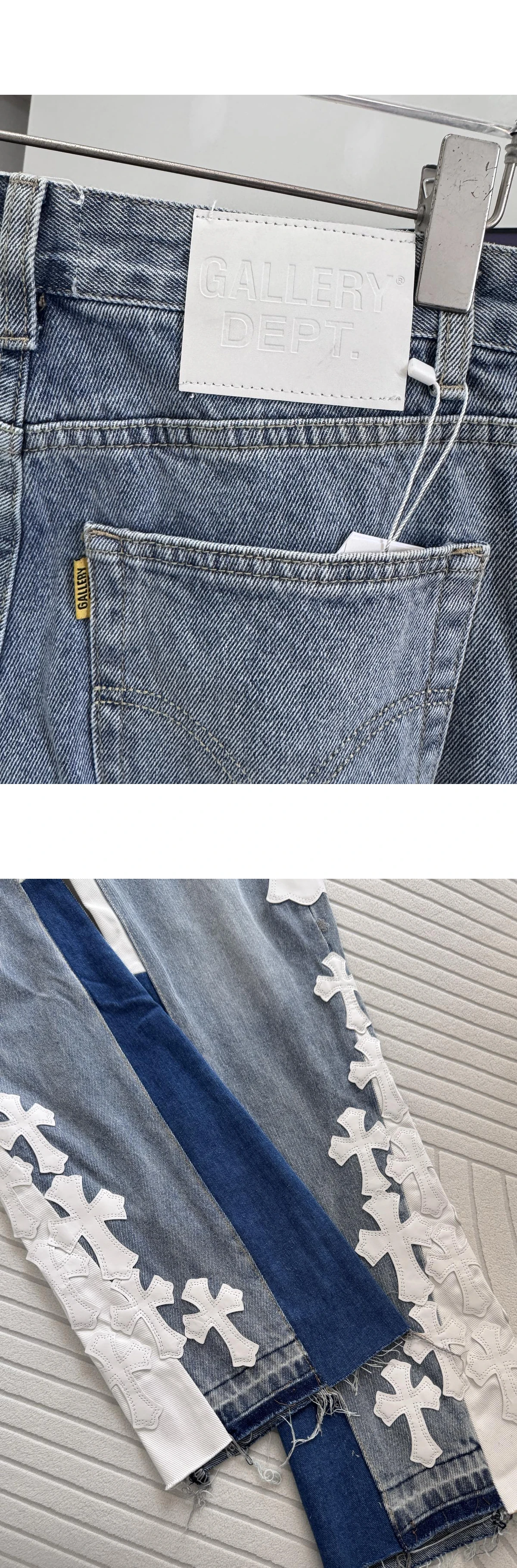 [Chrome Hearts] 크롬하츠 x 갤러리 디파트먼트 화이트 멀티 크로스 레더 패치 디스트레스트 LA 플레어 데님 진 인디고 블루