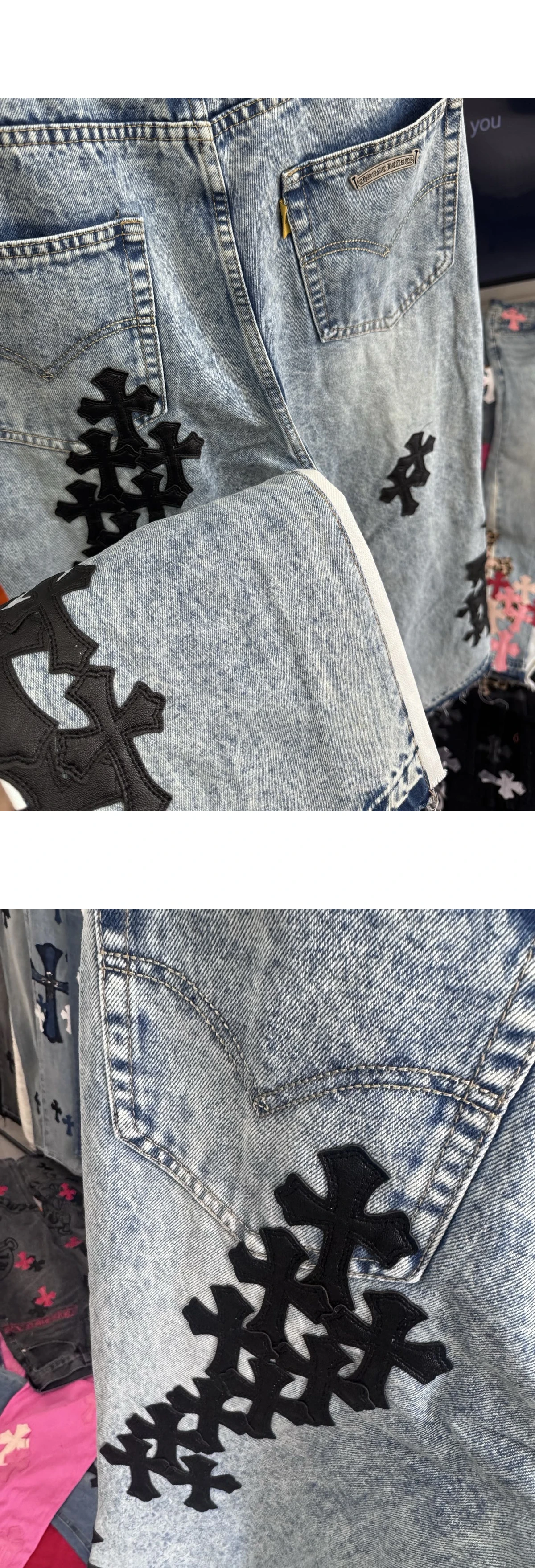 [Chrome Hearts] 크롬하츠 x 갤러리 디파트먼트 블랙 멀티 크로스 레더 패치 디스트레스트 LA 플레어 데님 진 인디고 블루