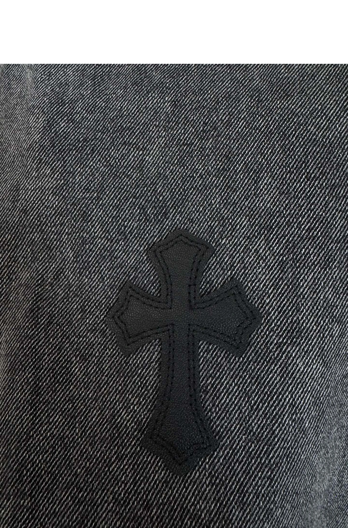 [Chrome Hearts] 크롬하츠 x 갤러리 디파트먼트 블랙 멀티 크로스 레더 패치 디스트레스트 LA 플레어 데님 진 차콜 블랙