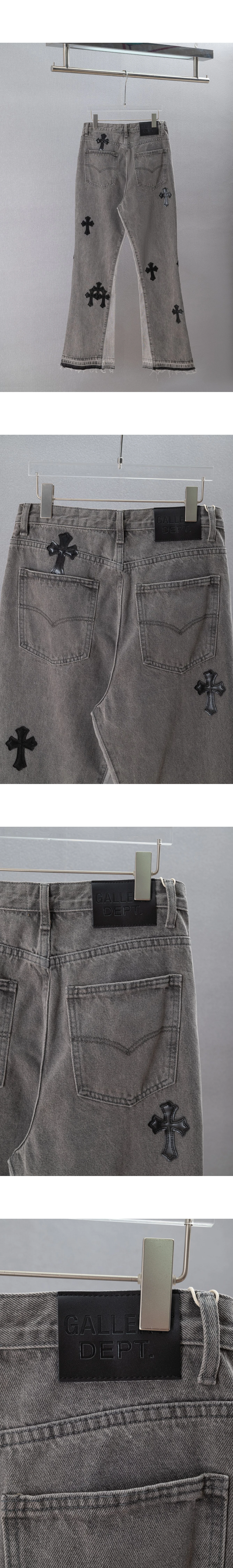 [Chrome Hearts] 크롬하츠 x 갤러리 디파트먼트 블랙 멀티 크로스 레더 패치 디스트레스트 LA 플레어 데님 진 그레이