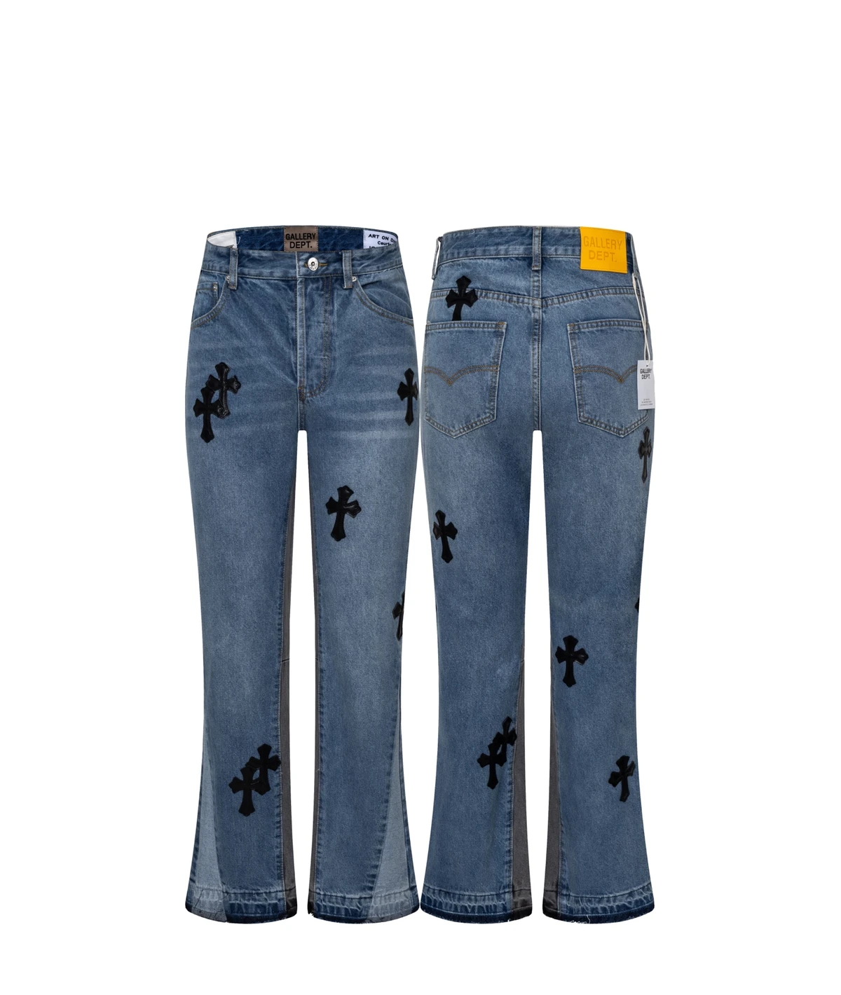 [Chrome Hearts] 크롬하츠 x 갤러리 디파트먼트 블랙 멀티 크로스 레더 패치 디스트레스트 LA 플레어 데님 진 인디고 블루