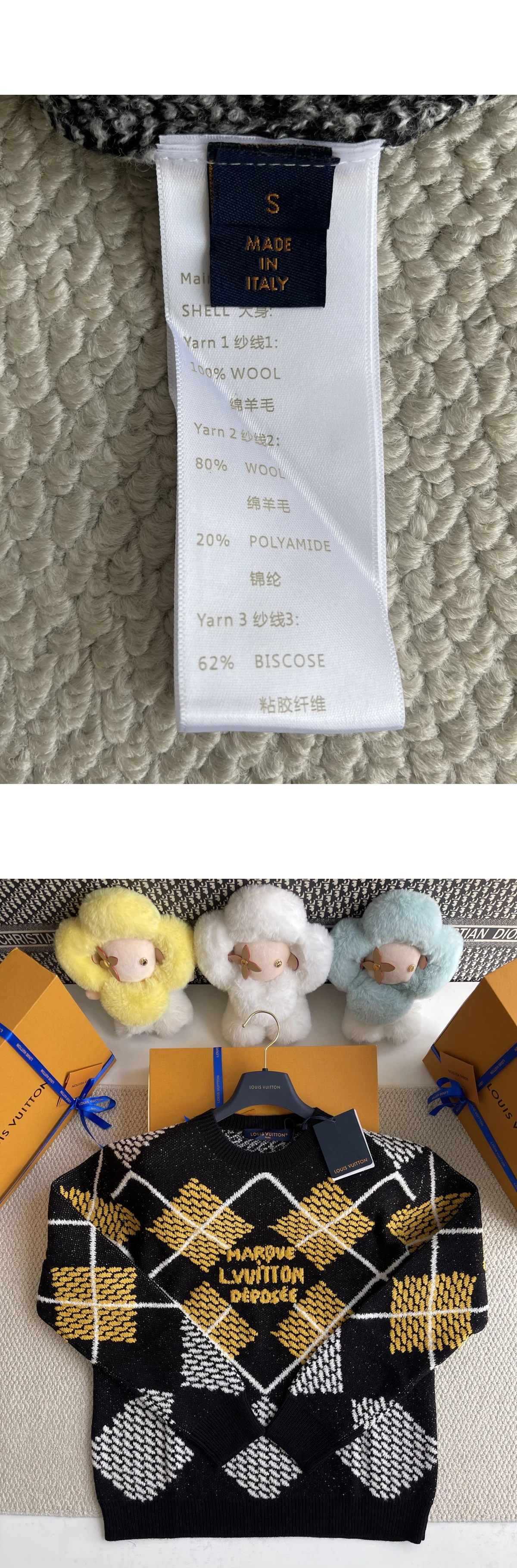 [LOUIS VUITTON] 루이비통 아가일 텍스처 자카드 니트웨어 크루넥 블랙 옐로우