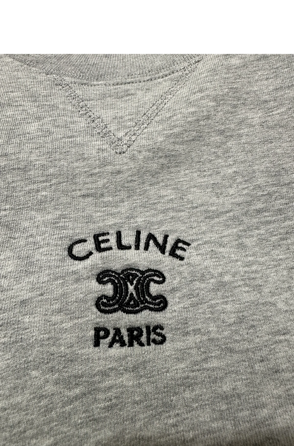 [CELINE] 셀린느 크루넥 드롭 숄더 리브드 트리밍 트리옹프 엠브로이드 코튼 플리스 스웨트셔츠 페일 그레이