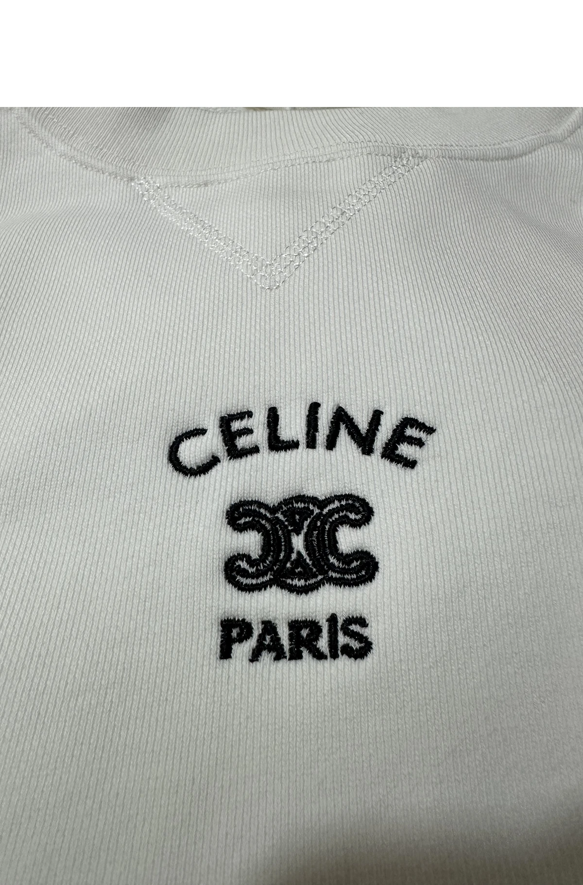 [CELINE] 셀린느 크루넥 드롭 숄더 리브드 트리밍 트리옹프 엠브로이드 코튼 플리스 스웨트셔츠 화이트