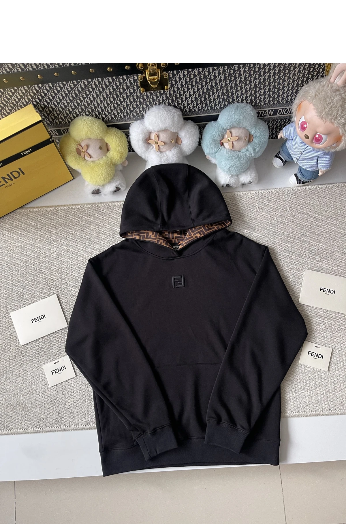 [FENDI] 펜디 FF 자카드 라이닝 엠브로이더리 코튼 플리스 후디 블랙