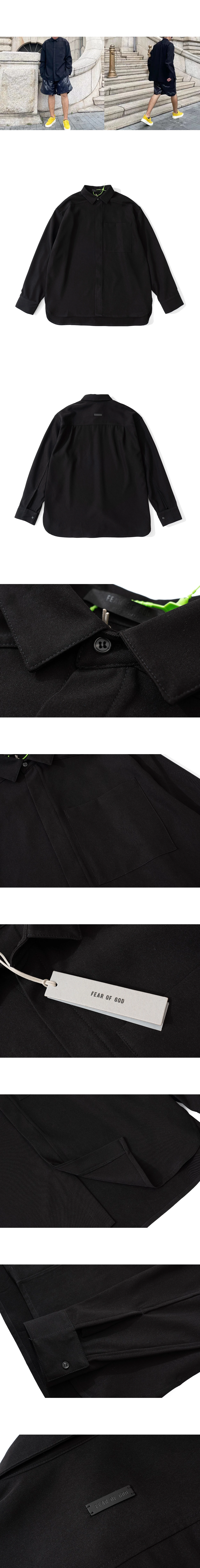 [FEAR OF GOD] 피어오브갓 세븐스 컬렉션 울 트윌 싱글 체스트 포켓 히든 버튼 백 레더 탭 롱 슬리브 셔츠 블랙