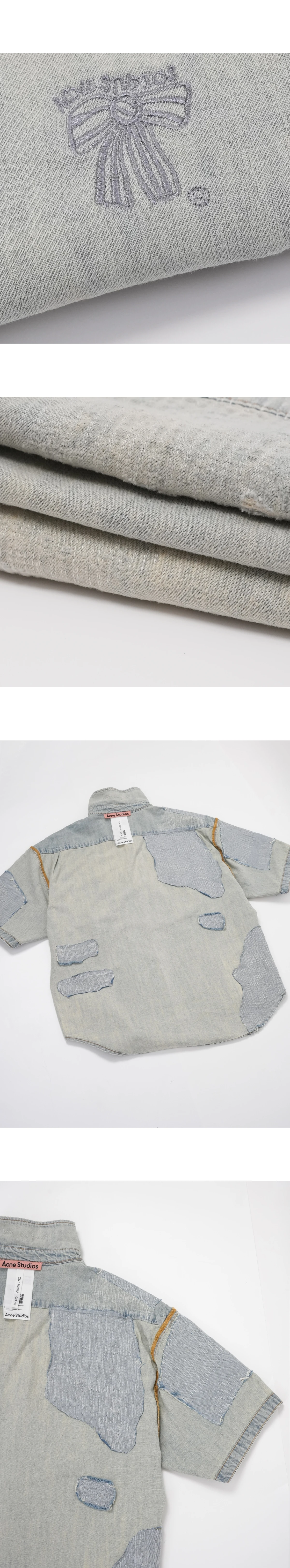 [ACNE STUDIOS] 아크네 스튜디오 리본 자수 디스트레스드 데님 숏 슬리브 셔츠 라이트 블루