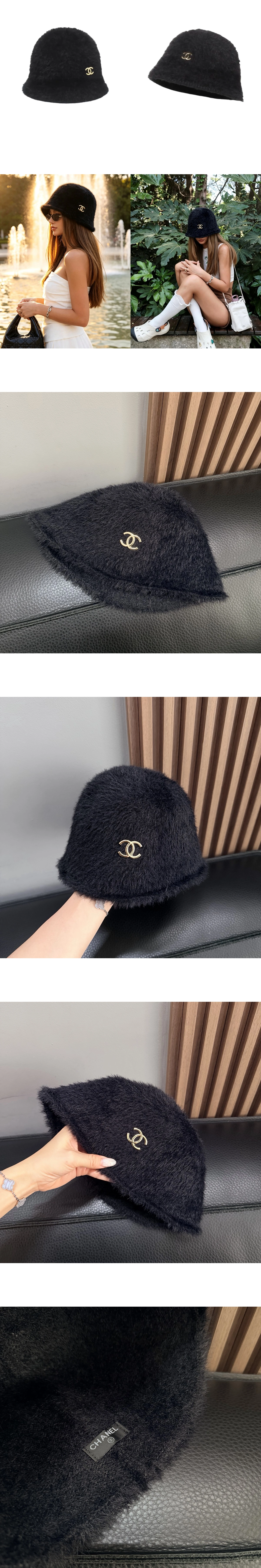[CHANEL] 샤넬 메탈 CC 로고 퍼 버킷햇 블랙 AAC083-B25076-UB362