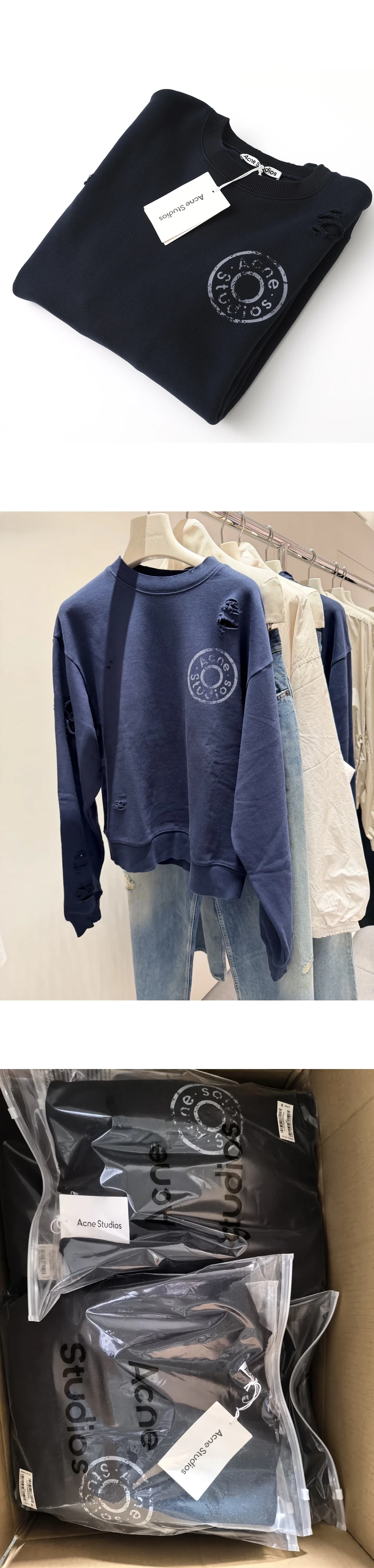 [ACNE STUDIOS] 아크네 스튜디오 오가닉 코튼 디스트레스드 리벳 로고 플리스 스웨트셔츠 다크 네이비
