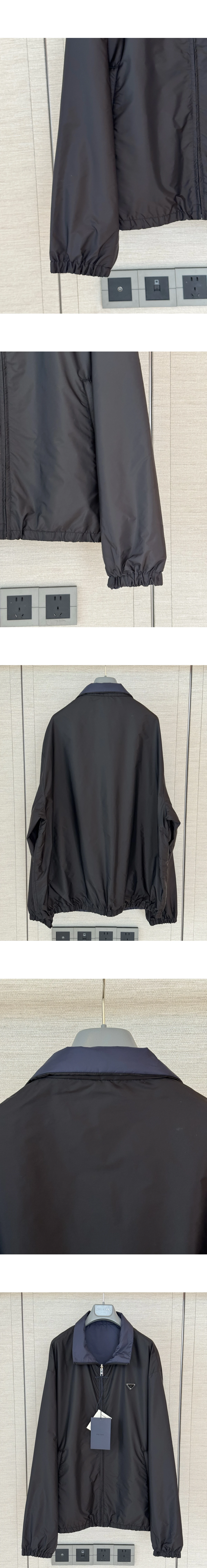 [PRADA] 프라다 시그니처 로고 디테일 하이넥 지퍼 포켓 리버서블 리나일론 자켓 블랙 그리즈리