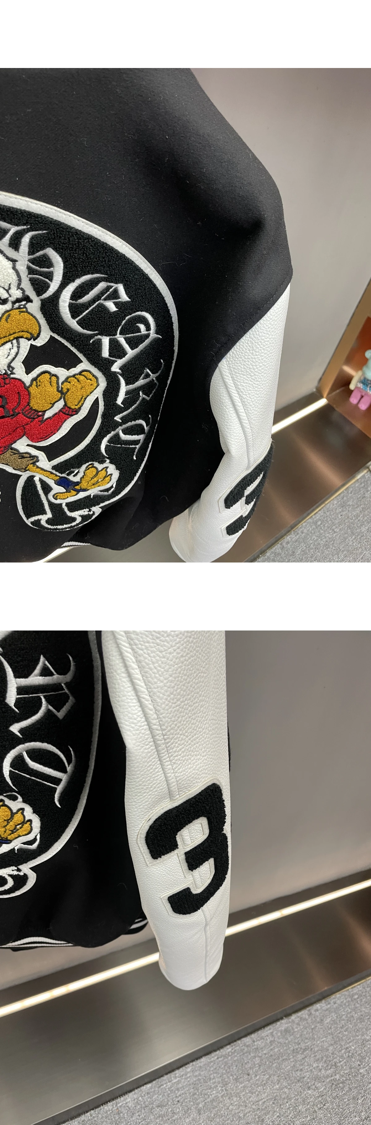 [CHROME HEARTS] 크롬하츠 CH 모노그램 이글 엠블럼 레더 패치워크 바시티 재킷 블랙 화이트