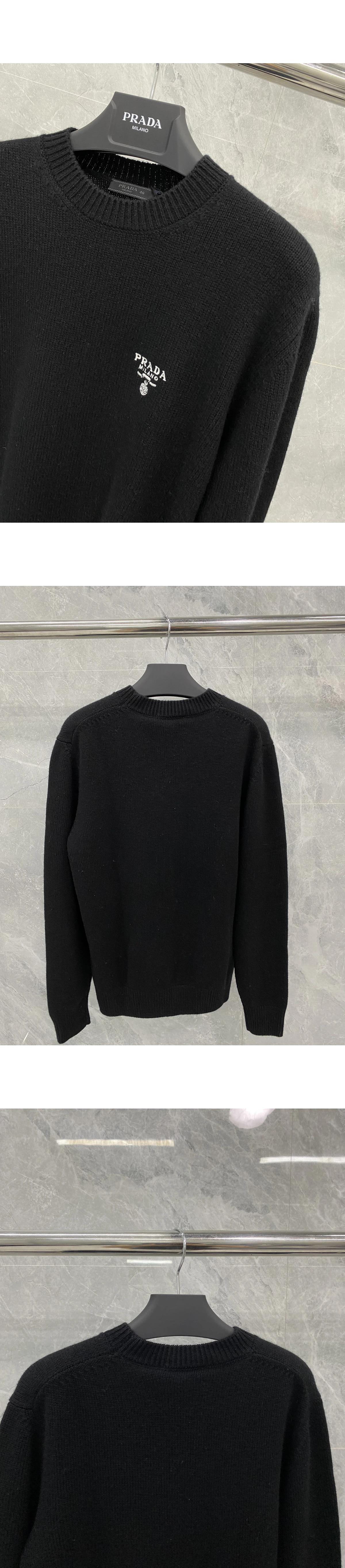 [PRADA] 프라다 로고 자수 캐시미어 립 니트 크루넥 스웨터 블랙