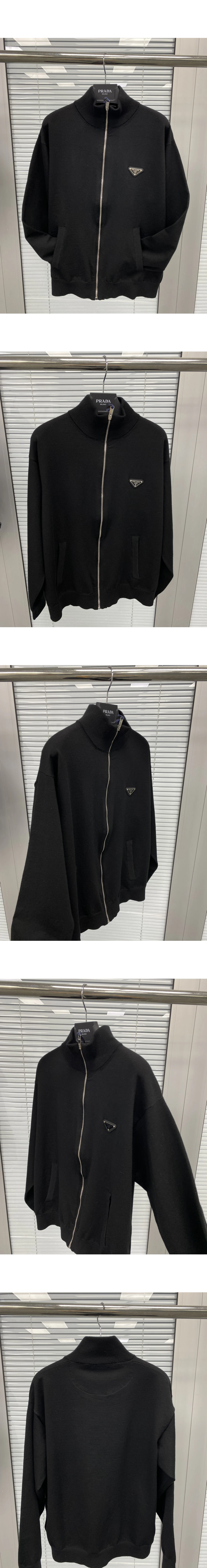 [PRADA] 프라다 에나멜 메탈 트라이앵글 로고 슈퍼파인 울 스탠드 칼라 집업 가디건 블랙