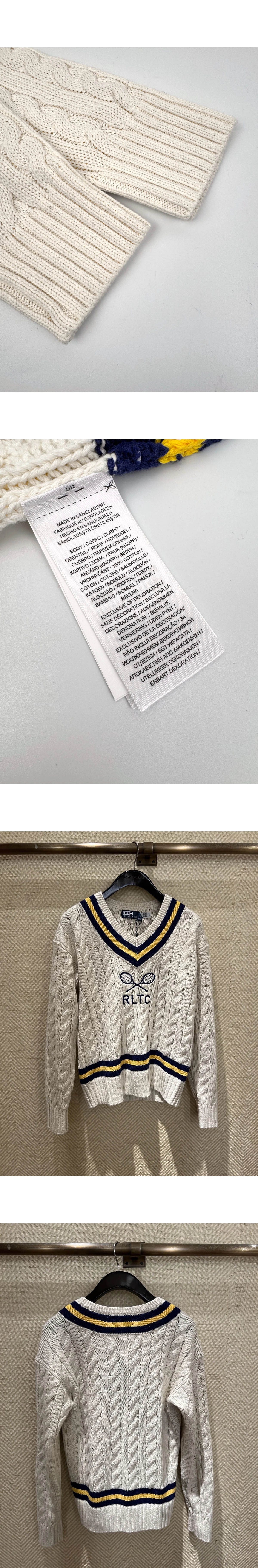 [RALPH LAUREN] 폴로 랄프로렌 RLTC 테니스 자수 케이블 V넥 크리켓 스웨터 크림