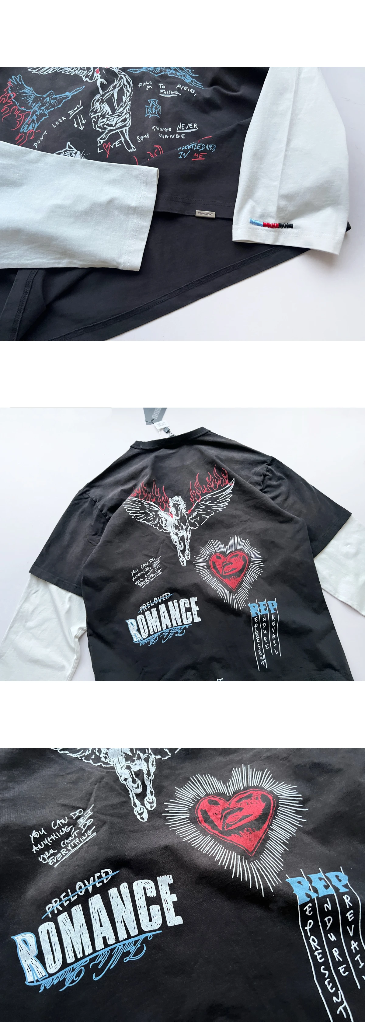 [REPRESENT] 리프리젠트 헤비어 댄 더 헤븐 레이어드 슬리브 코튼 헴프 티셔츠 워시드 블랙 오프 화이트
