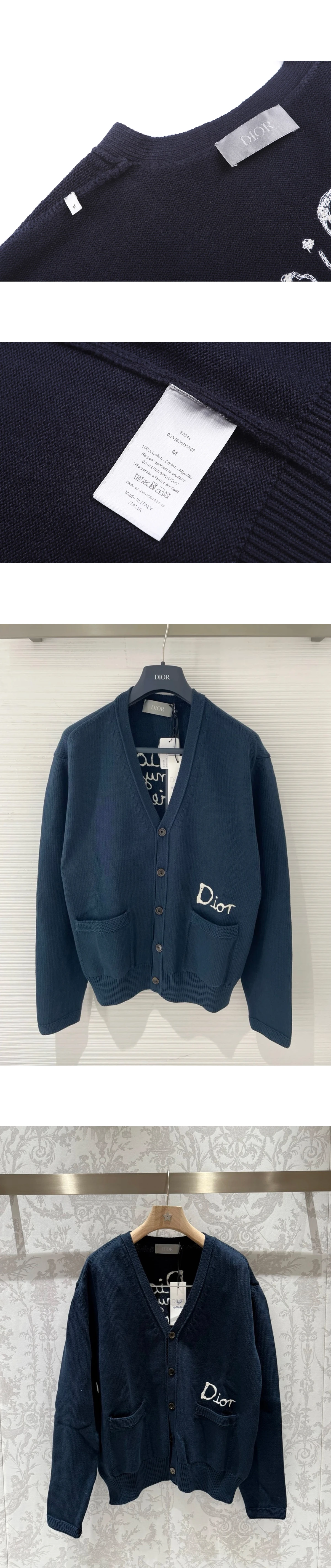 [DIOR] 디올 x 힐튼 넬 로고 엠브로이더리 코튼 블렌드 V넥 가디건 다크 블루